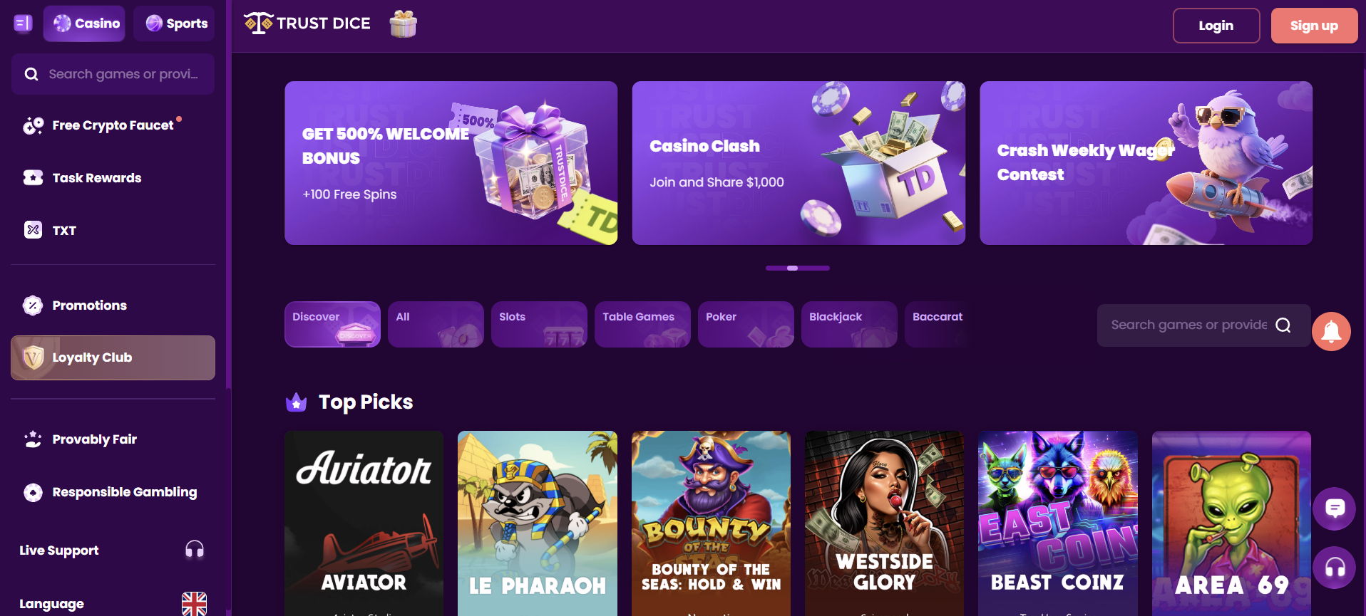 TrustDice Casino Homepage TrustDice Casino Homepage