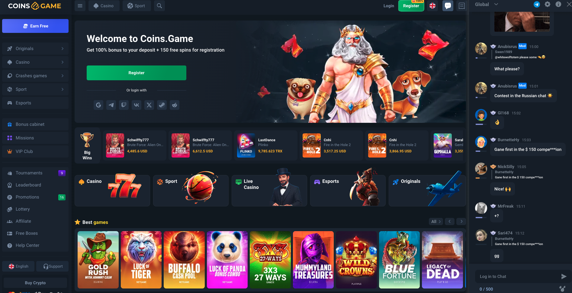 Coins.Game Casino Homepage 
