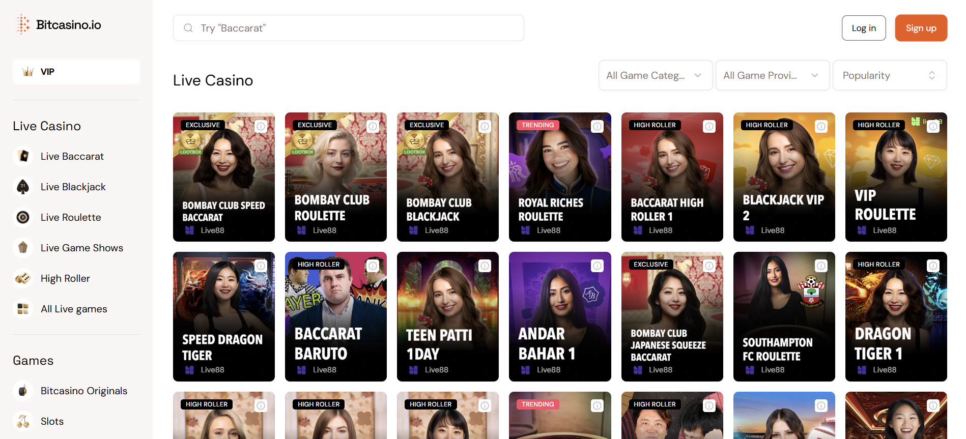 Bitcasino.io Live Casino Page
