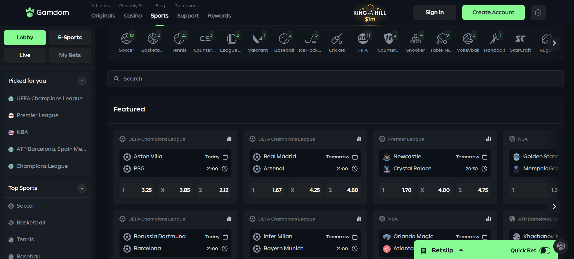 Gamdom Sportsbook Lobby